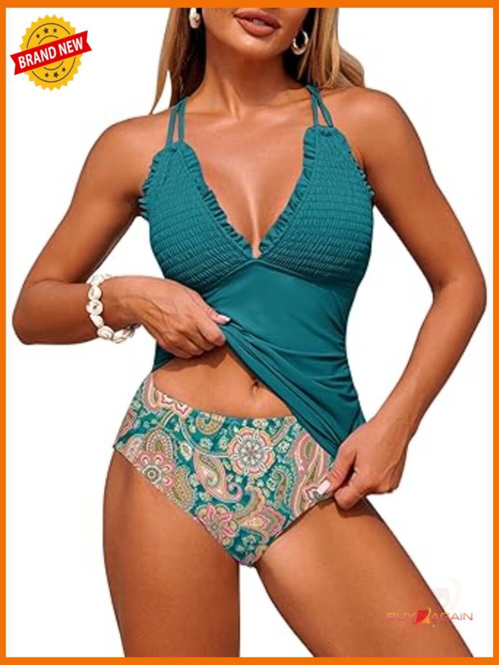 Tankini Swimsuits Smocked 2 Piece Tie Back Bathing Suits Modest Swimwear